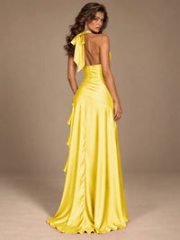 Burgundy Halter Deep V-Neck Ruched High Slit Ruffle Prom Dress