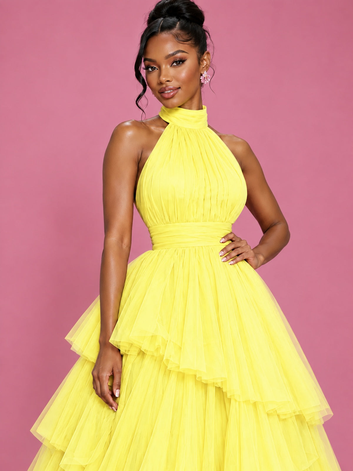 Hot Pink Tulle Halter Neck Tiered Ruffle Maxi Dress