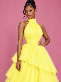 Hot Pink Tulle Halter Neck Tiered Ruffle Maxi Dress