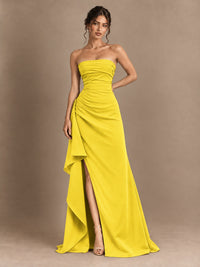 Black and White Strapless Ruched Prom Dress with High Slit & Side Drape