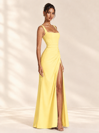 Square Neck Satin Sleeveless Ruched Prom Dress with High Slit