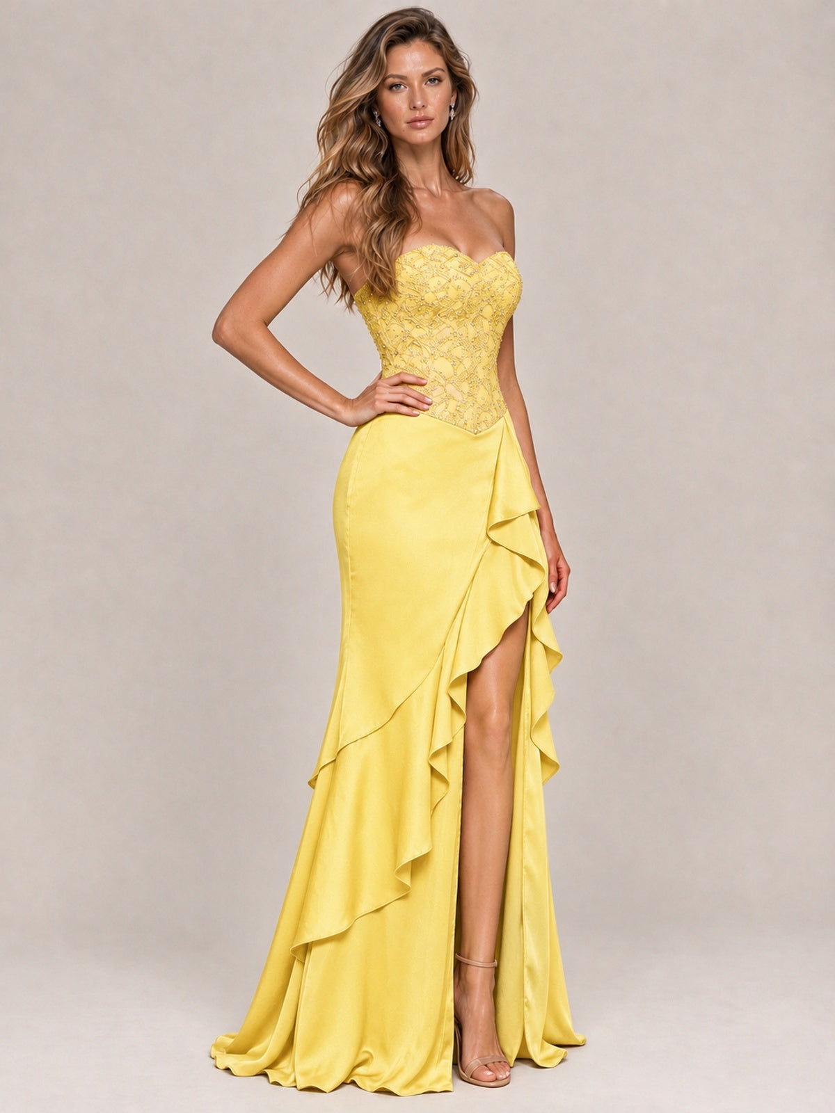 Strapless Lace Appliques Corset Satin Prom Dress Ruffle Slit Evening Gown
