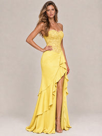 Strapless Lace Appliques Corset Satin Prom Dress Ruffle Slit Evening Gown