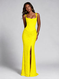 Sequin Corset Mermaid Prom Dress with Square Neck Wide Strap High Slit
