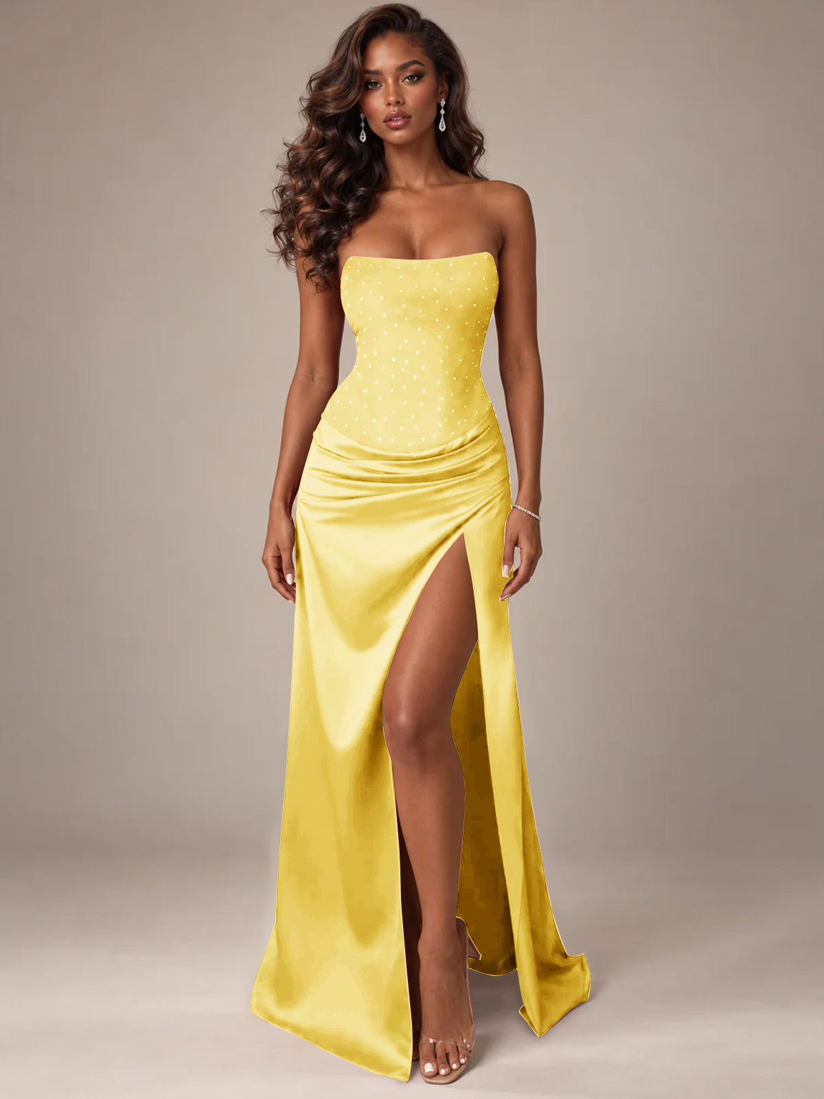 Burgundy Strapless Sparkly Corset Prom Dress with High Slit
