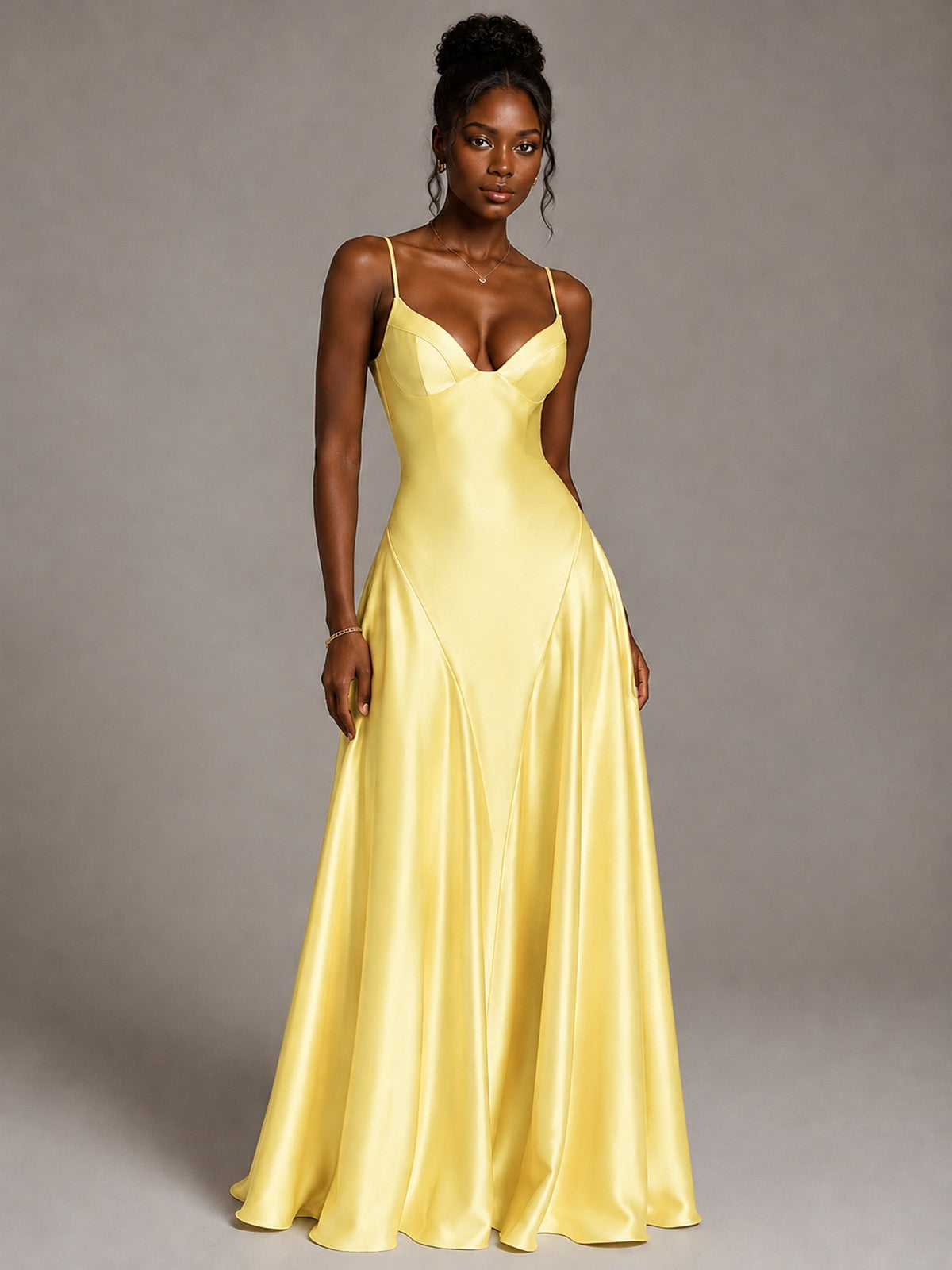Lavender V Neck Satin Prom Dress with Spaghetti Straps