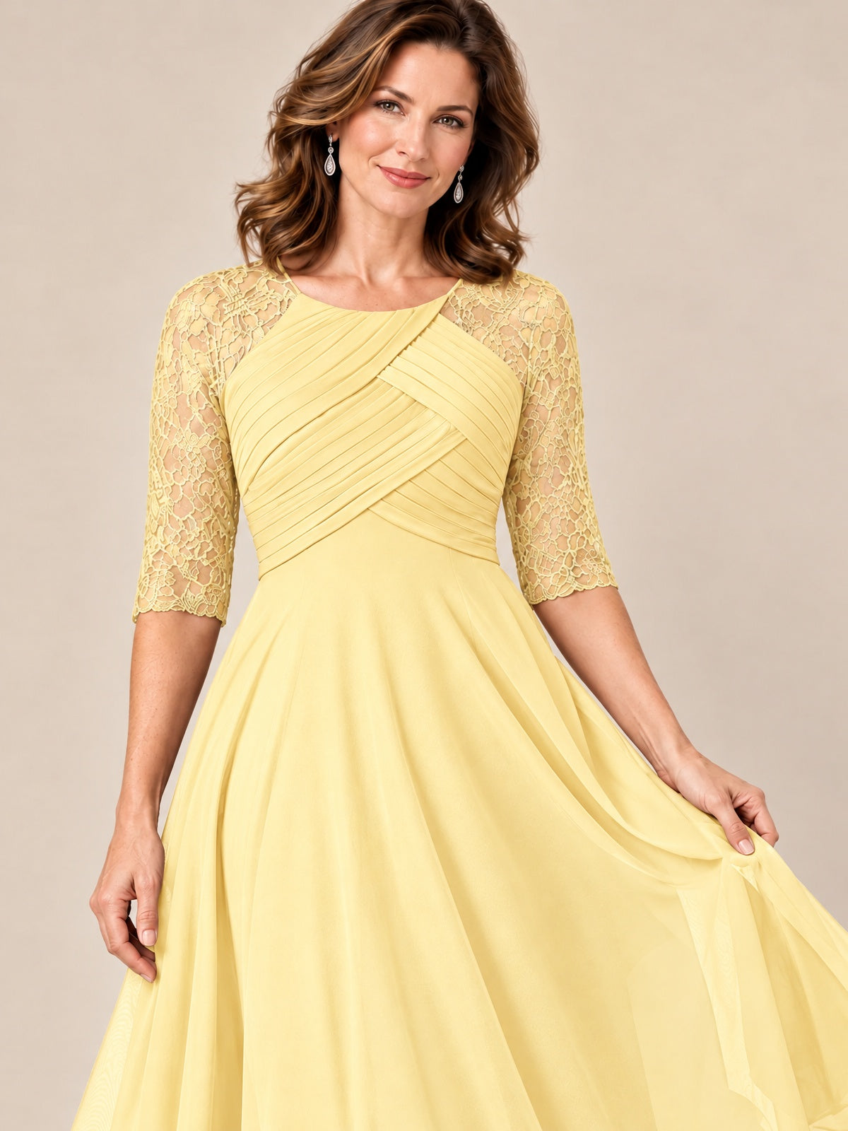 Tea-Length Mother of the Bride Dress with Lace 3/4 Sleeves