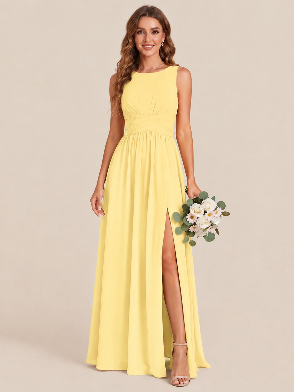 A-line Sleeveless Rucehd Chiffon Bridesmaid Dress with High Slit