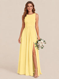 A-line Sleeveless Rucehd Chiffon Bridesmaid Dress with High Slit