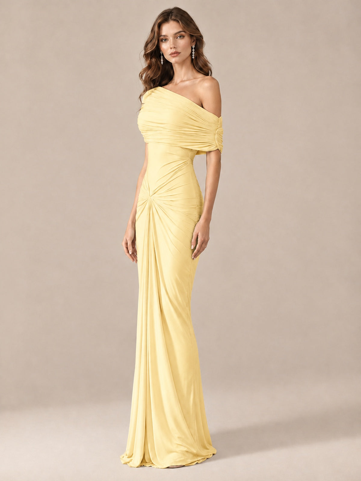 Elegant Draped Off Shoulder Ruched Mermaid Chiffon Formal Evening Gown
