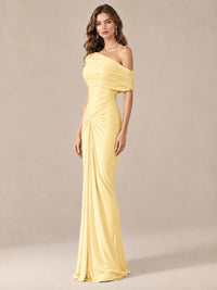 Elegant Draped Off Shoulder Ruched Mermaid Chiffon Formal Evening Gown