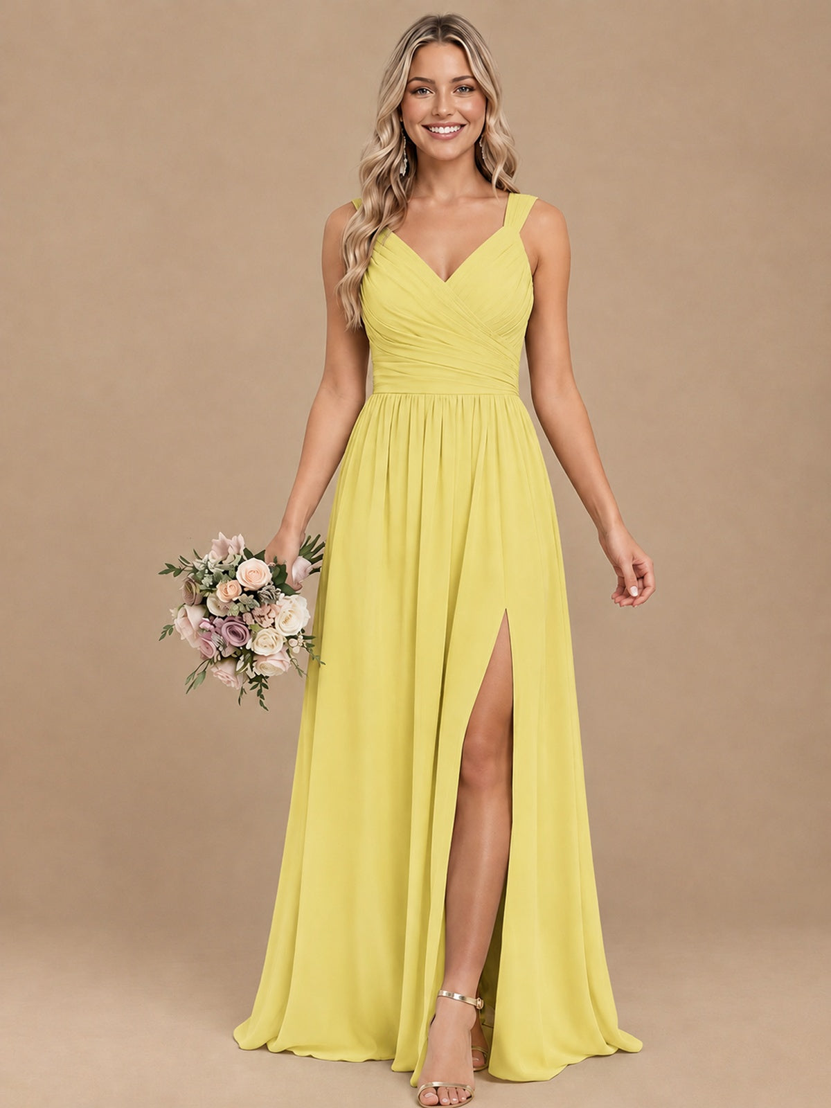 Pleated Chiffon V Neck Wedding Bridesmaid Dresses Floor Length with Slit