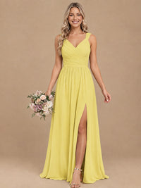 Pleated Chiffon V Neck Wedding Bridesmaid Dresses Floor Length with Slit