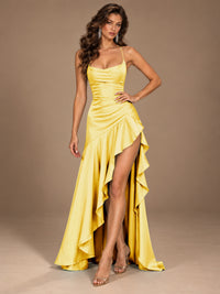 Burgundy Spaghetti Strap Ruched Prom Dress with Ruffled High Slit