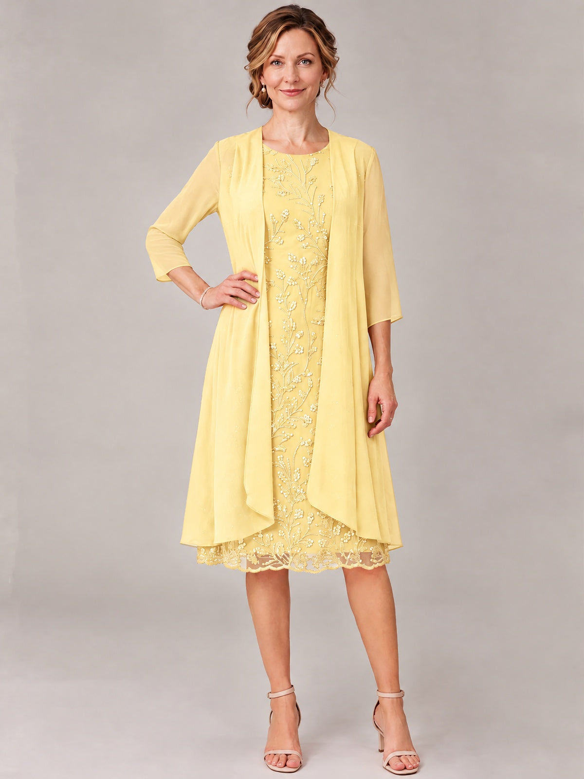 Tea Length Sequin Lace Mother of The Bride Dress with Chiffon Jacket