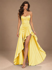 Burgundy Spaghetti Strap Ruched Prom Dress with Ruffled High Slit