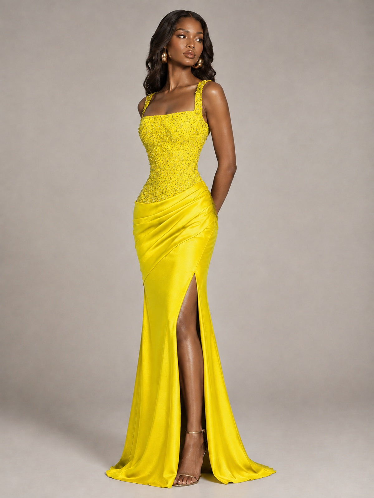 Scoop Neck Sequin Prom Dress with High Slit Satin Formal Gowns