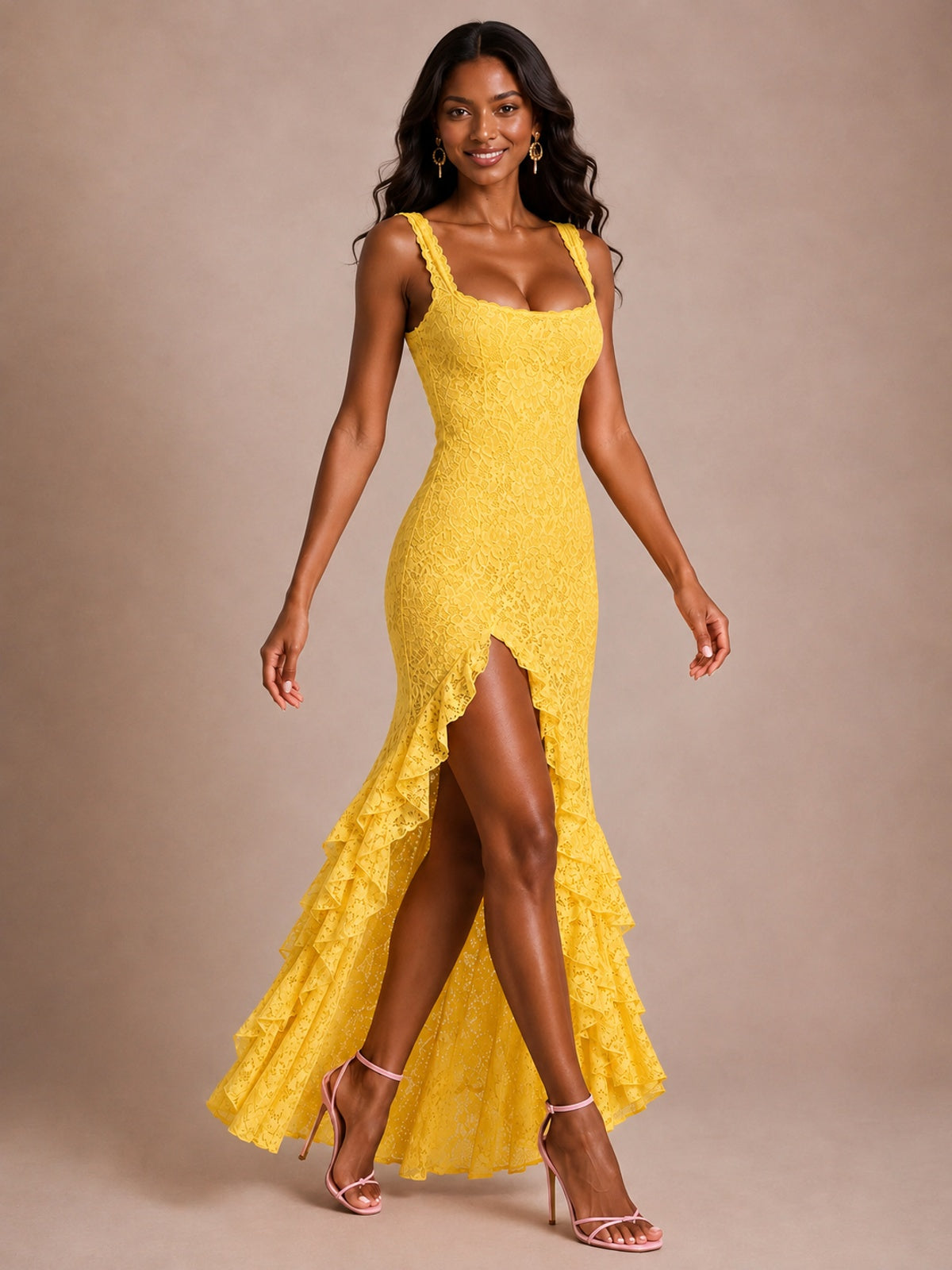 Square-Neck Lace Ruffle High-Low Maxi Dress