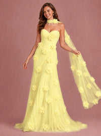 Blush Pink Strapless Sweetheart 3D Floral Tulle Mermaid Prom Dress