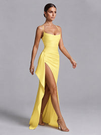Square Neck Satin Long Prom Dress with Ruffles