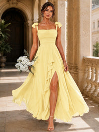 Ruffle Slit Chiffon A Line Scoop Neck Bridesmaid Dresses with Pockets