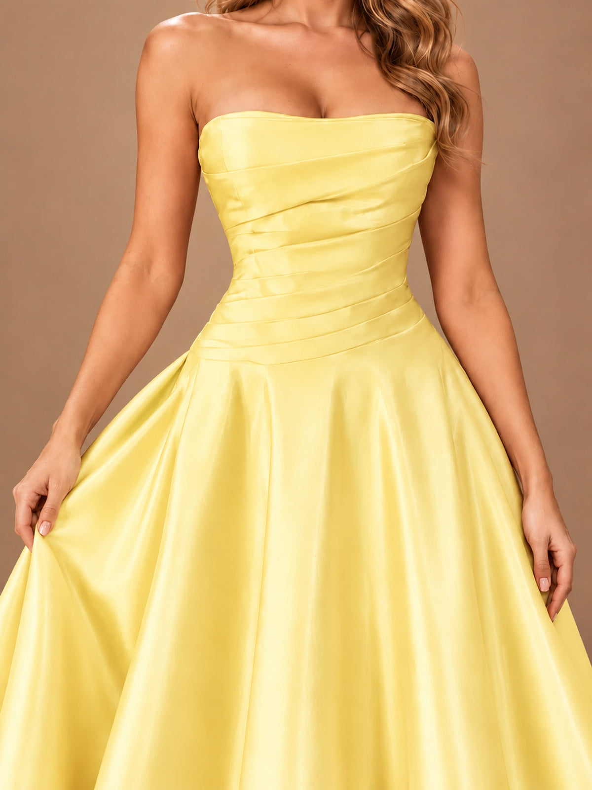 Blush Pink Strapless Satin A-Line Prom Dress with Ruched Bodice
