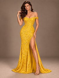 Off the Shoulder Corset Sequin Mermaid Prom Dress with Slit