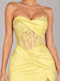 Strapless Satin Prom Dress with Sheer Lace Corset & High Slit