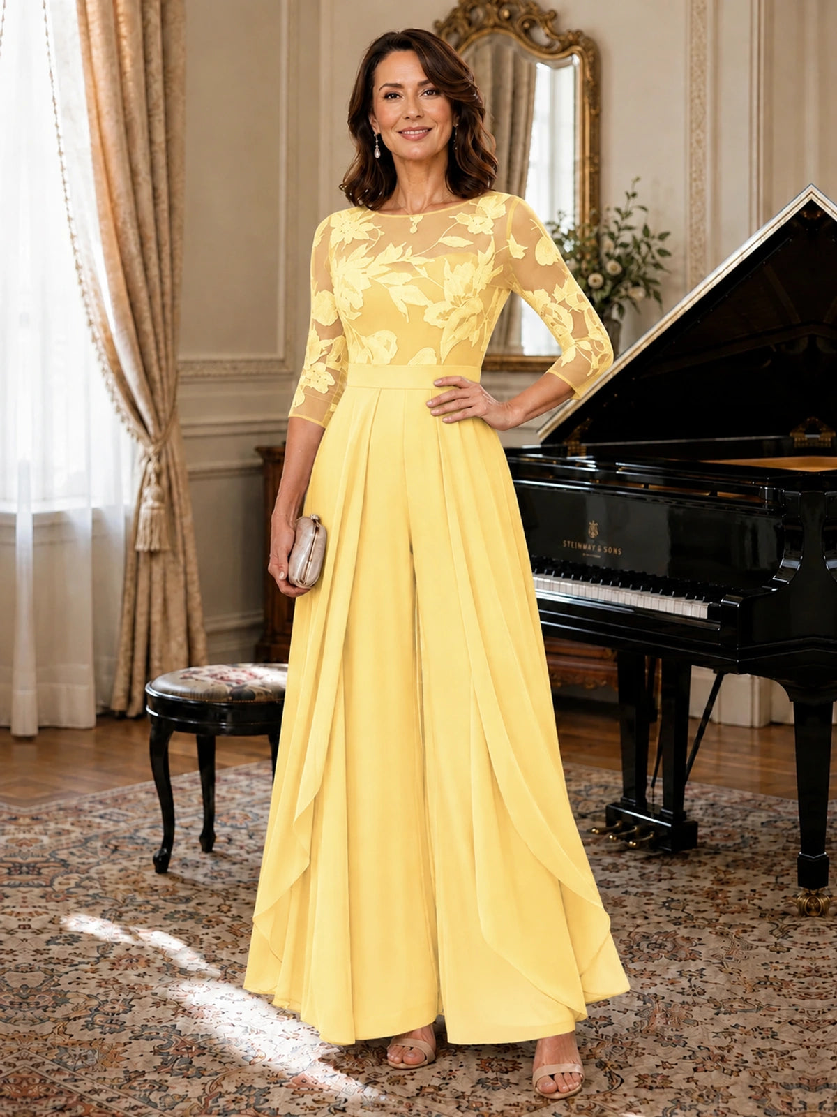 Lace Applique Wide-Leg Chiffon Mother of the Bride Jumpsuit