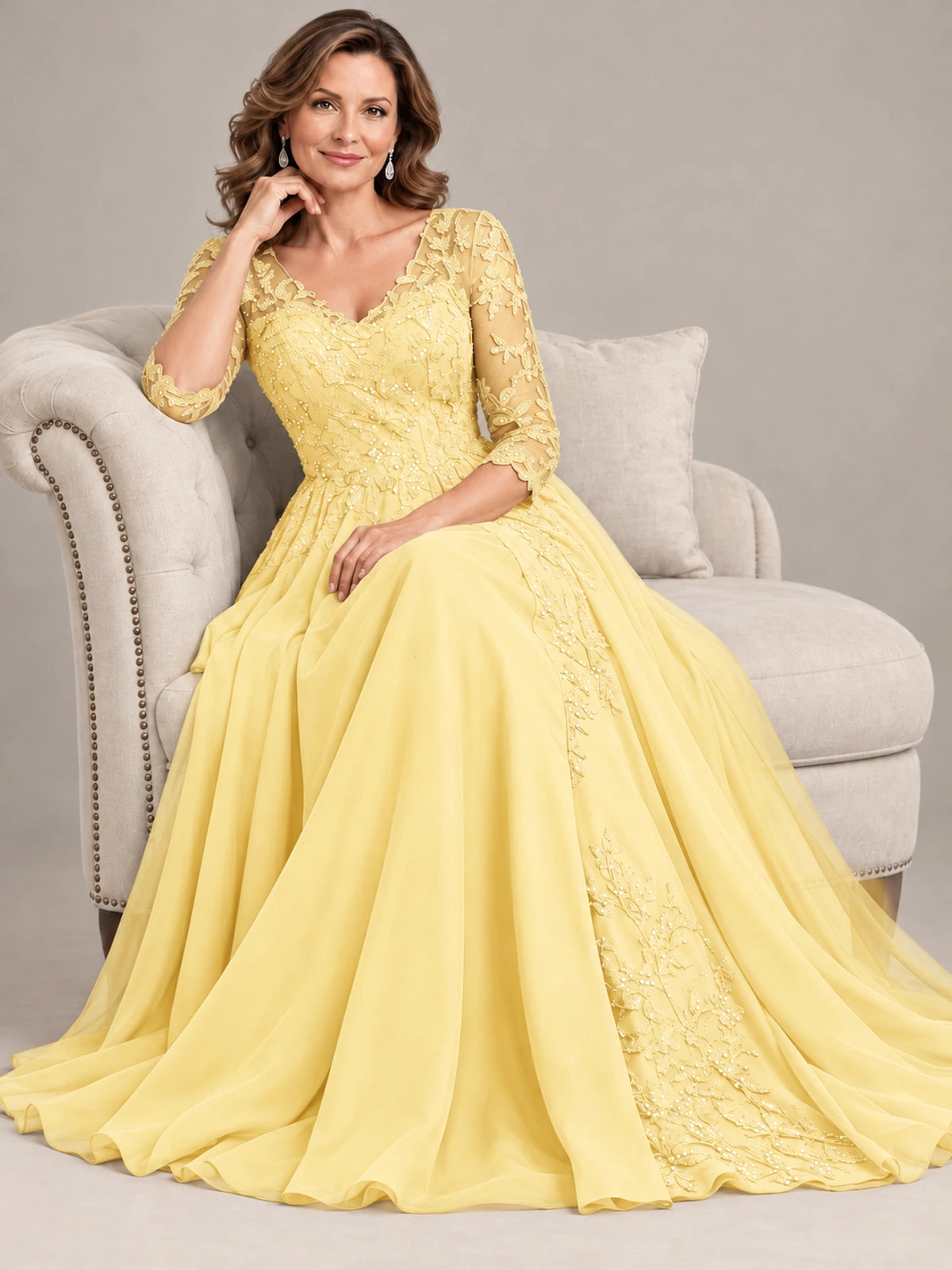 Sequin Lace A-Line Mother of the Bride Dress with 3/4 Sleeves