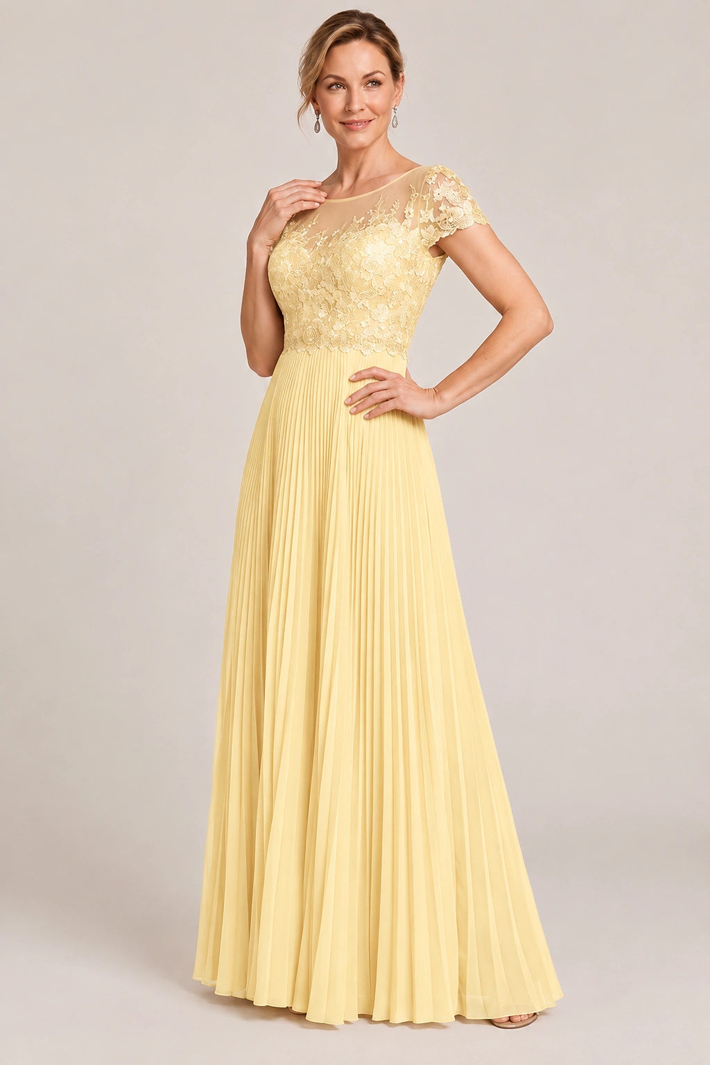 Embroidered Lace Pleated Mother of the Bride Dress