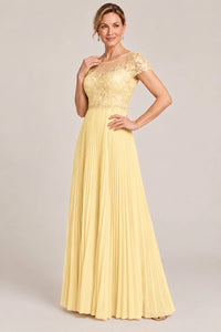 Embroidered Lace Pleated Mother of the Bride Dress
