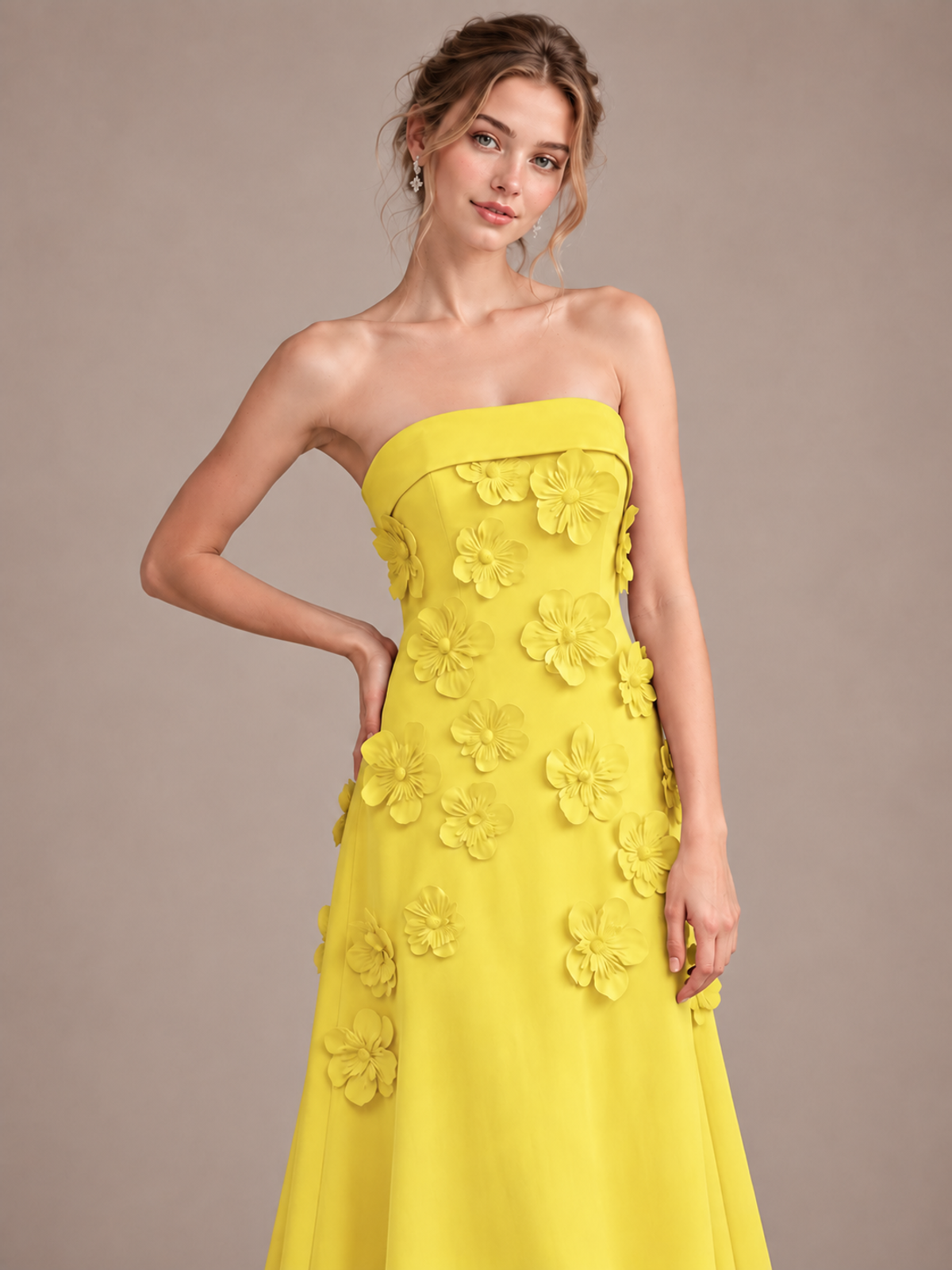 Yellow Strapless 3D Floral Appliques Maxi Dress