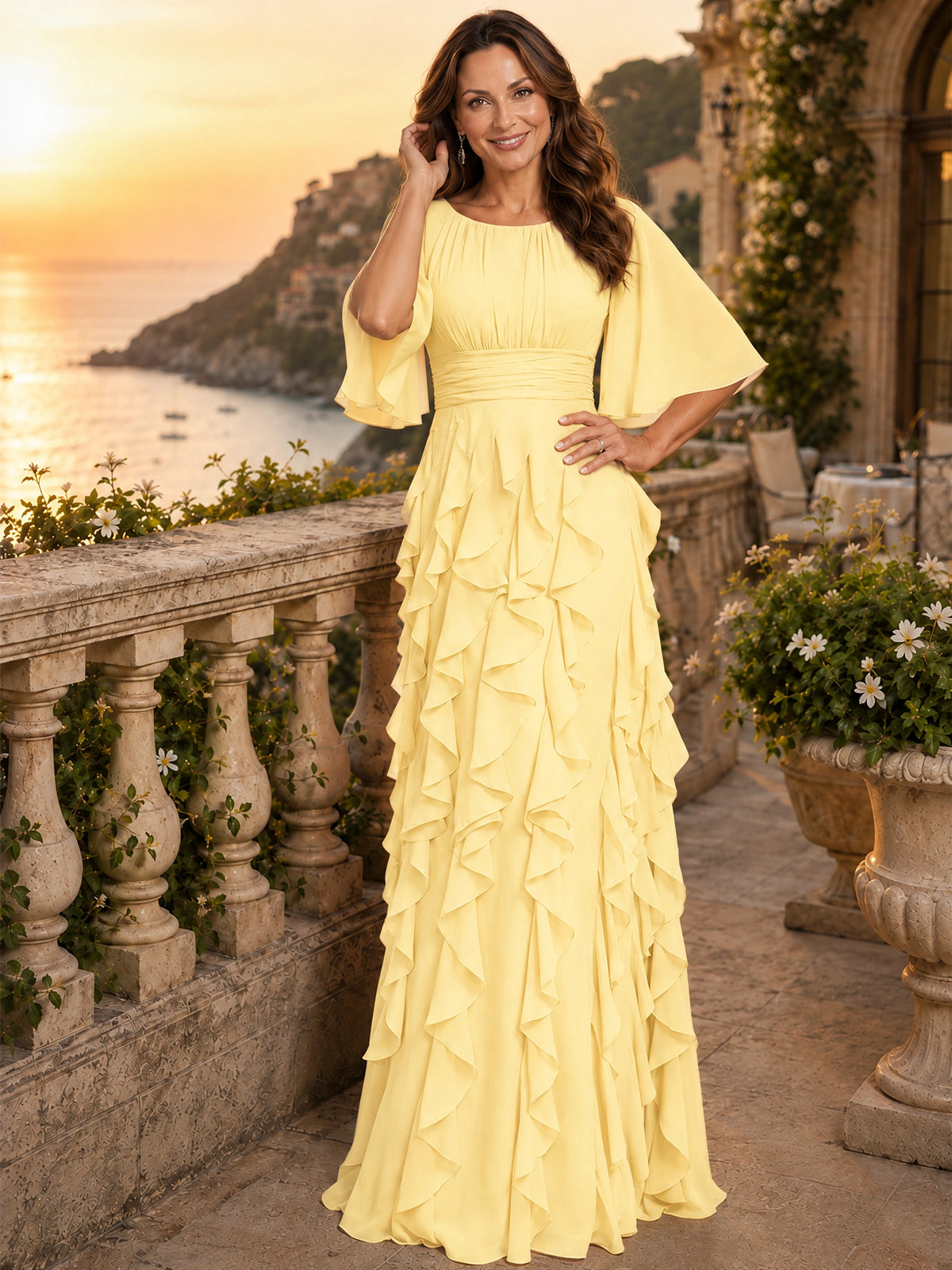 Elegant Chiffon Mother of the Bride Dress with Flutter Sleeves and Ruffle Skirt
