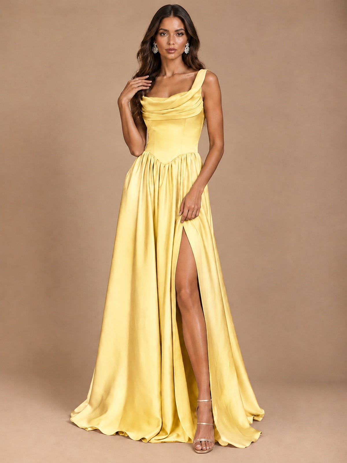 Cowl Neck Pleated Satin Prom Dress with Pockets & Slit Maxi Formal Gowns
