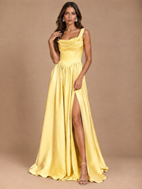 Cowl Neck Pleated Satin Prom Dress with Pockets & Slit Maxi Formal Gowns