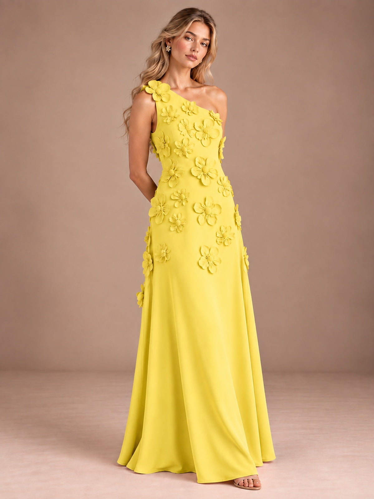 Sage Green One Shoulder Satin Formal Maxi Dress with 3D Floral