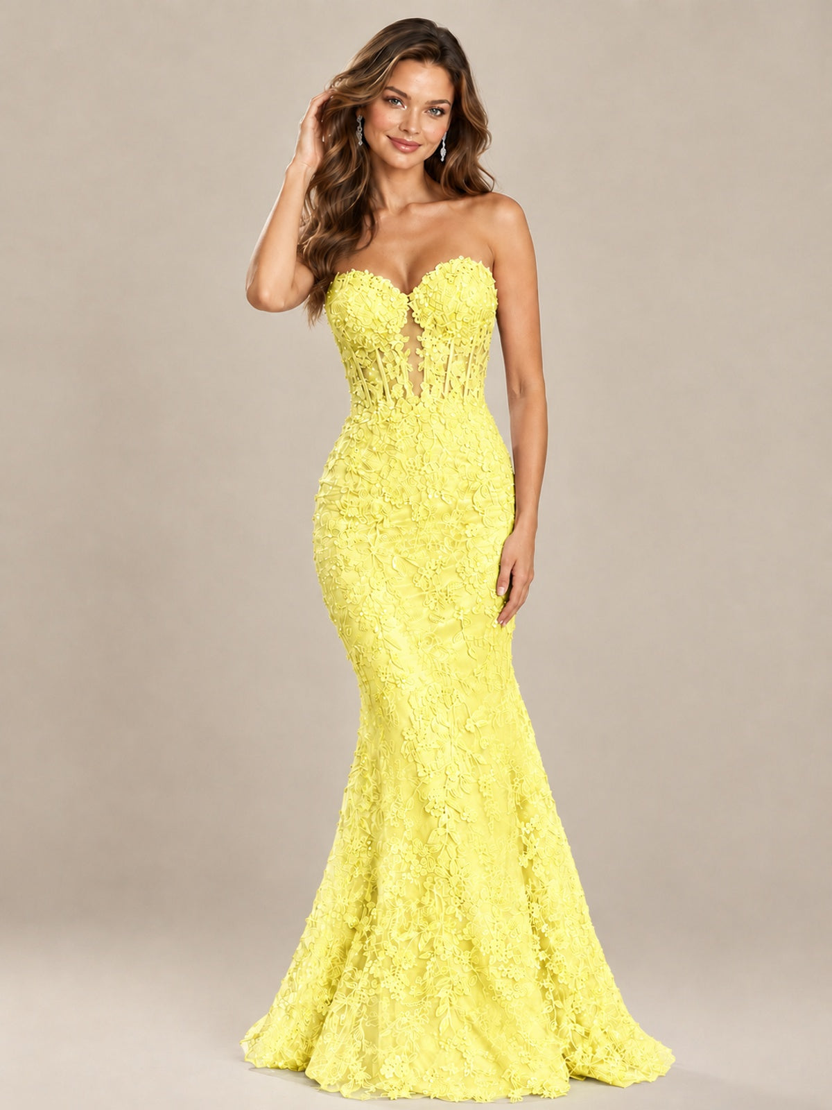 Strapless Corset Mermaid Prom Dress with Floral Lace Appliqué