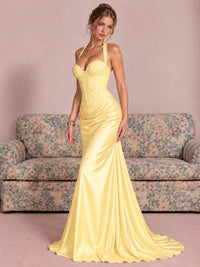 Sparkling Halter Corset Satin Mermaid Prom Dress