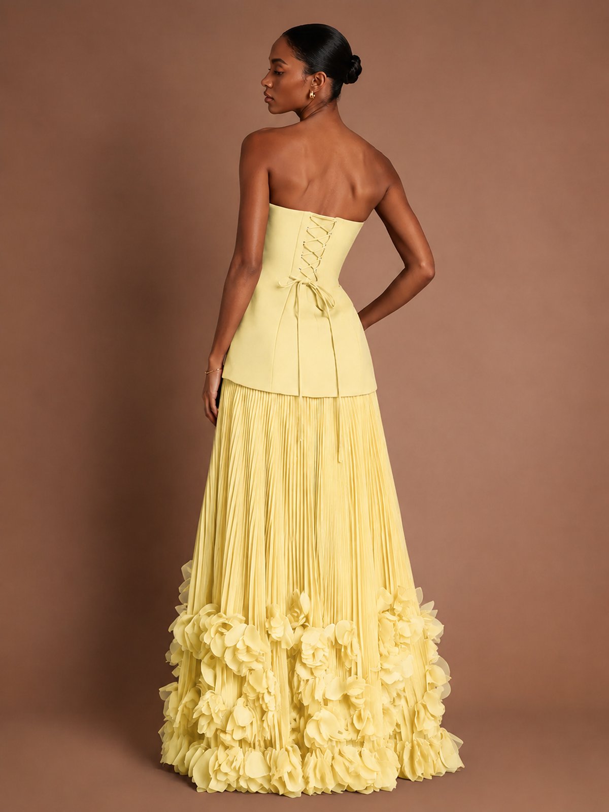Strapless Pleated Floral Satin Formal Dress with Side Slit