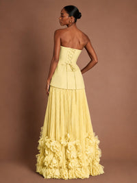 Strapless Pleated Floral Satin Formal Dress with Side Slit