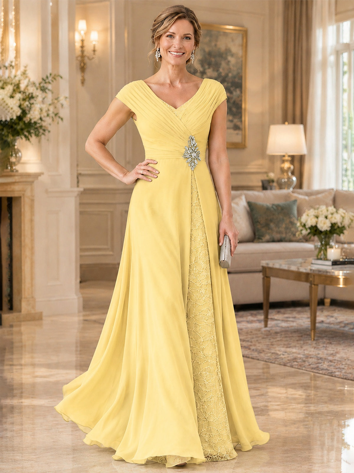 Pleated Chiffon Lace Mother of The Bride Dresses with Beading Cap Sleeves