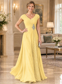 Pleated Chiffon Lace Mother of The Bride Dresses with Beading Cap Sleeves