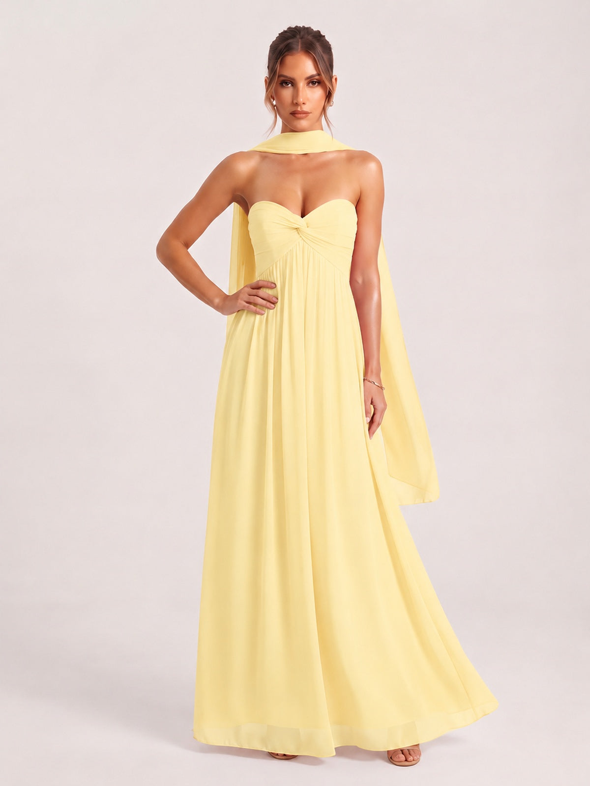 Strapless Ruched Chiffon Long Prom Dress with Scarf