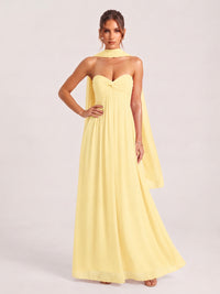 Strapless Ruched Chiffon Long Prom Dress with Scarf