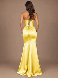 Dusty Blue Strapless Lace Corset Prom Dress with High Slit