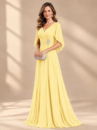 Ruched V Neck Mother of The Bride Dresses with Shawls Appliques and Cap Sleeves