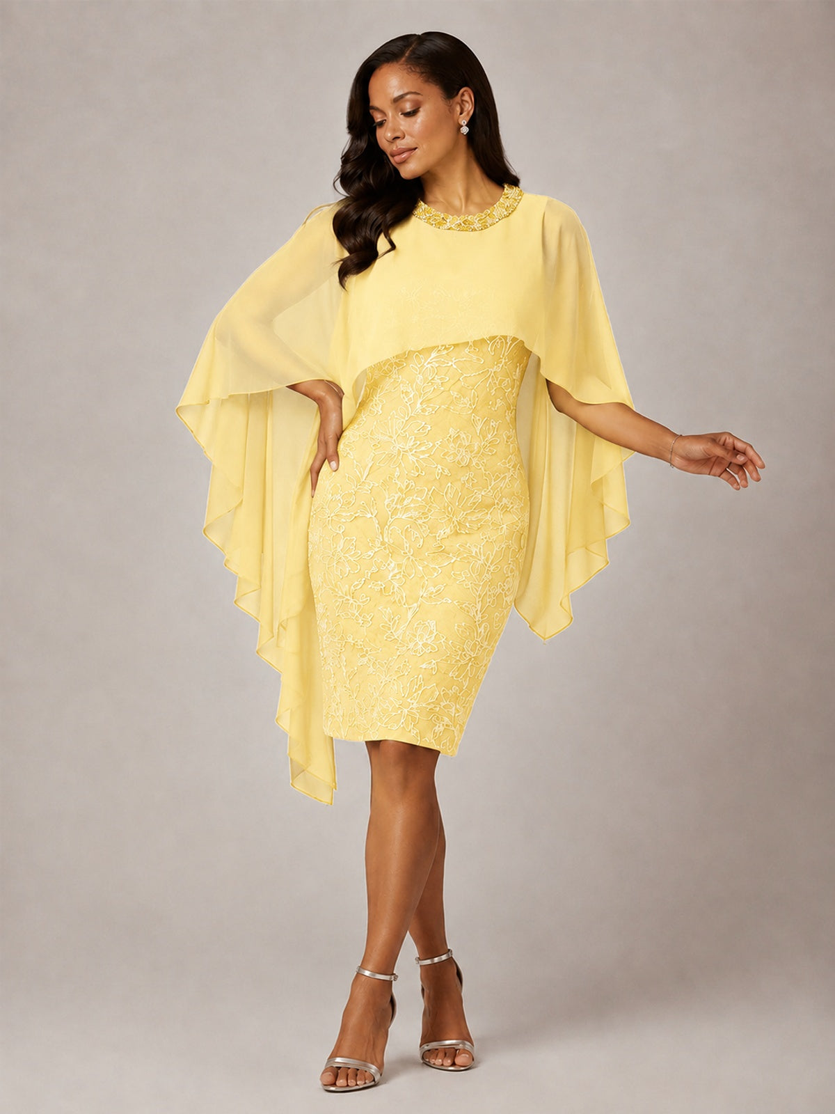 Floral Sheath Mother of the Bride Dress with Cape Overlay