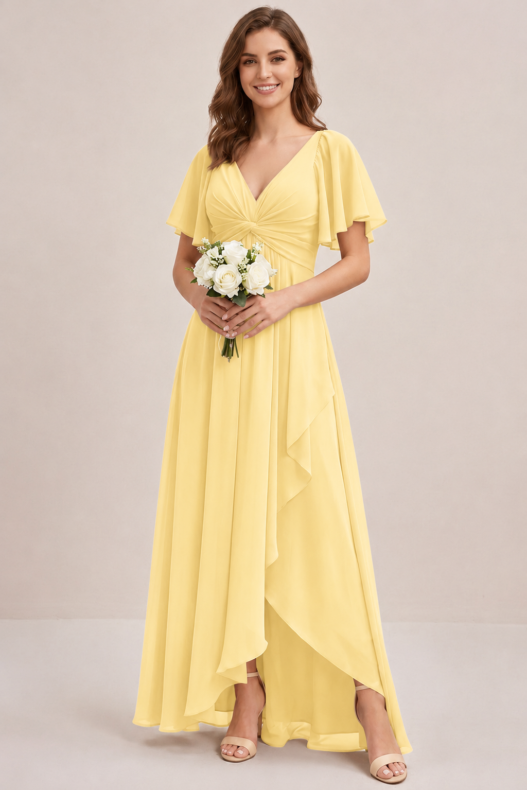 Dusty Blue Chiffon Bridesmaid Dress with Flutter Sleeves & High-Low Hem