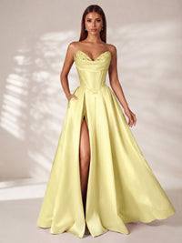 Strapless Corset Satin Prom Dress Long Evening Gown with High Slit